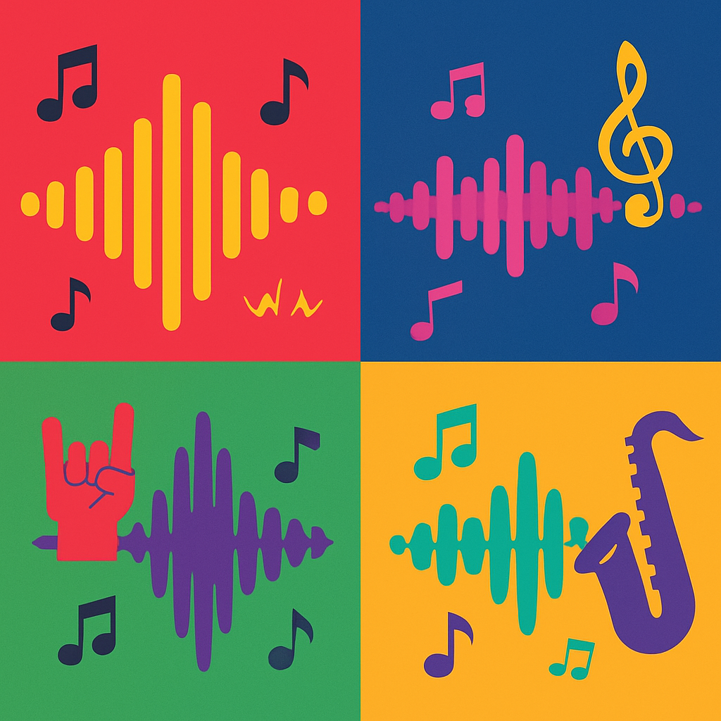 A vibrant collage showcasing various music genres represented by colorful MIDI waveforms and musical notes