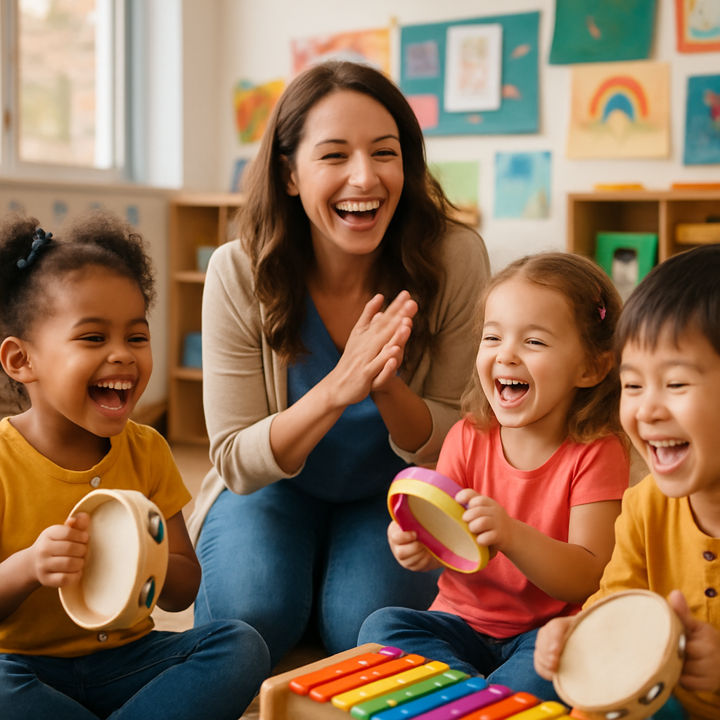 A joyful classroom scene with preschool children engaging in music lessons, playing colorful instruments like tambourines and xylophones under the guidance of an enthusiastic teacher. The atmosphere is lively and filled with laughter.