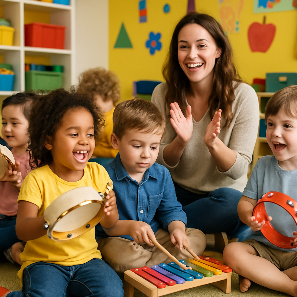 A vibrant classroom filled with preschoolers engaging in a fun music lesson, playing child-friendly instruments like tambourines and xylophones, with a cheerful teacher leading them.