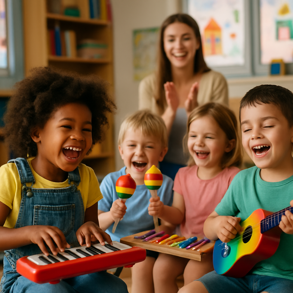 A joyful classroom scene with preschoolers engaging in music lessons with colorful instruments