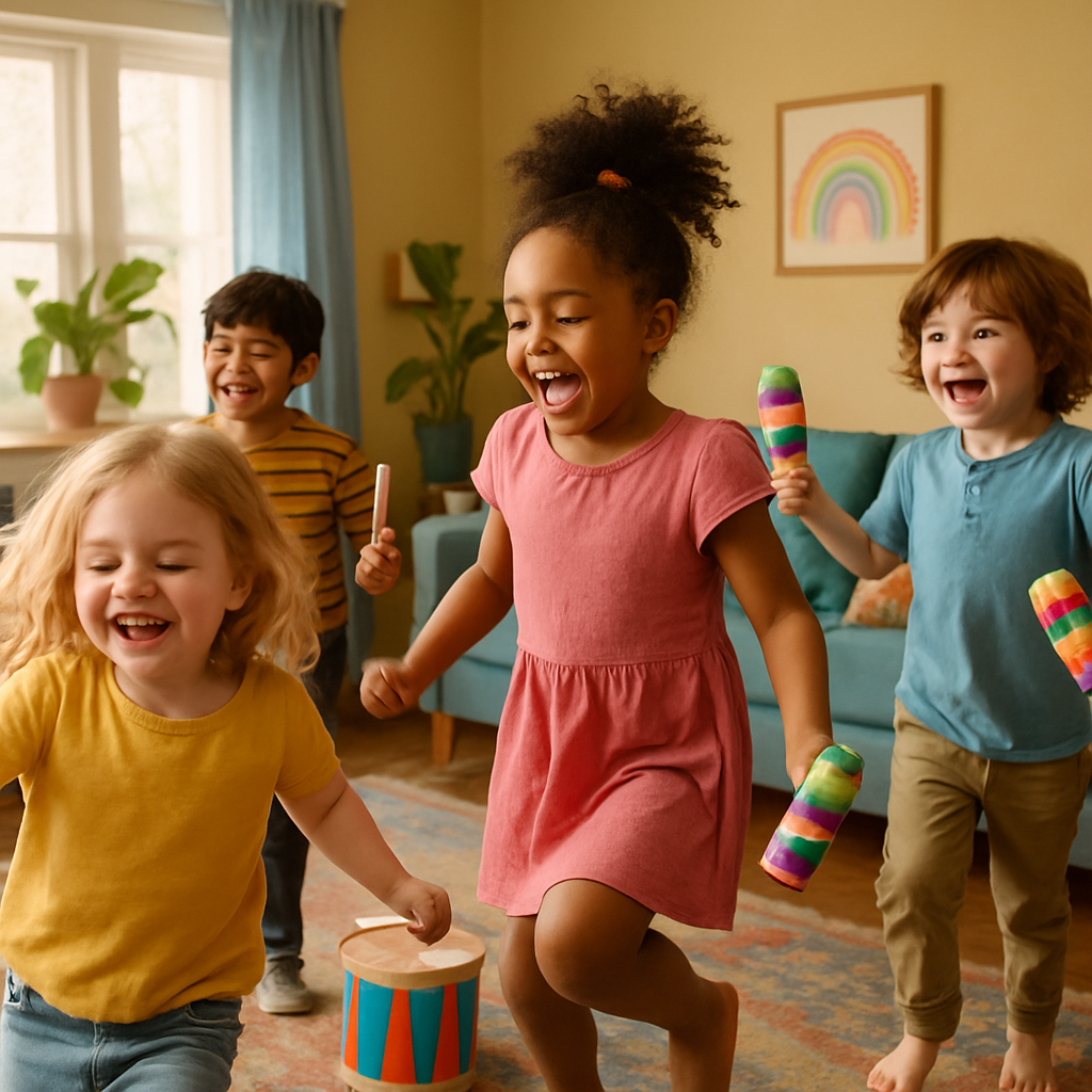 A colorful living room filled with children dancing joyfully while playing homemade musical instruments like shakers and drums