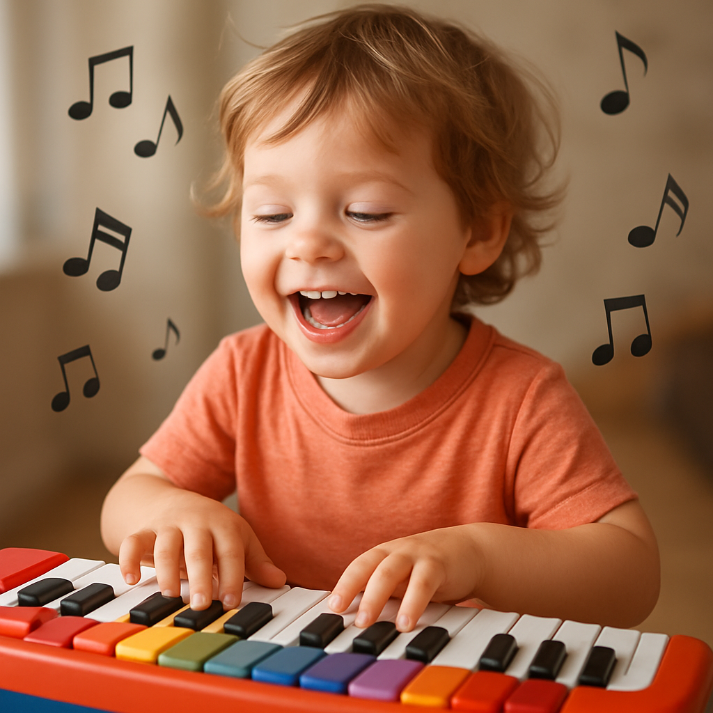 A child happily playing a colorful keyboard with musical notes floating around
