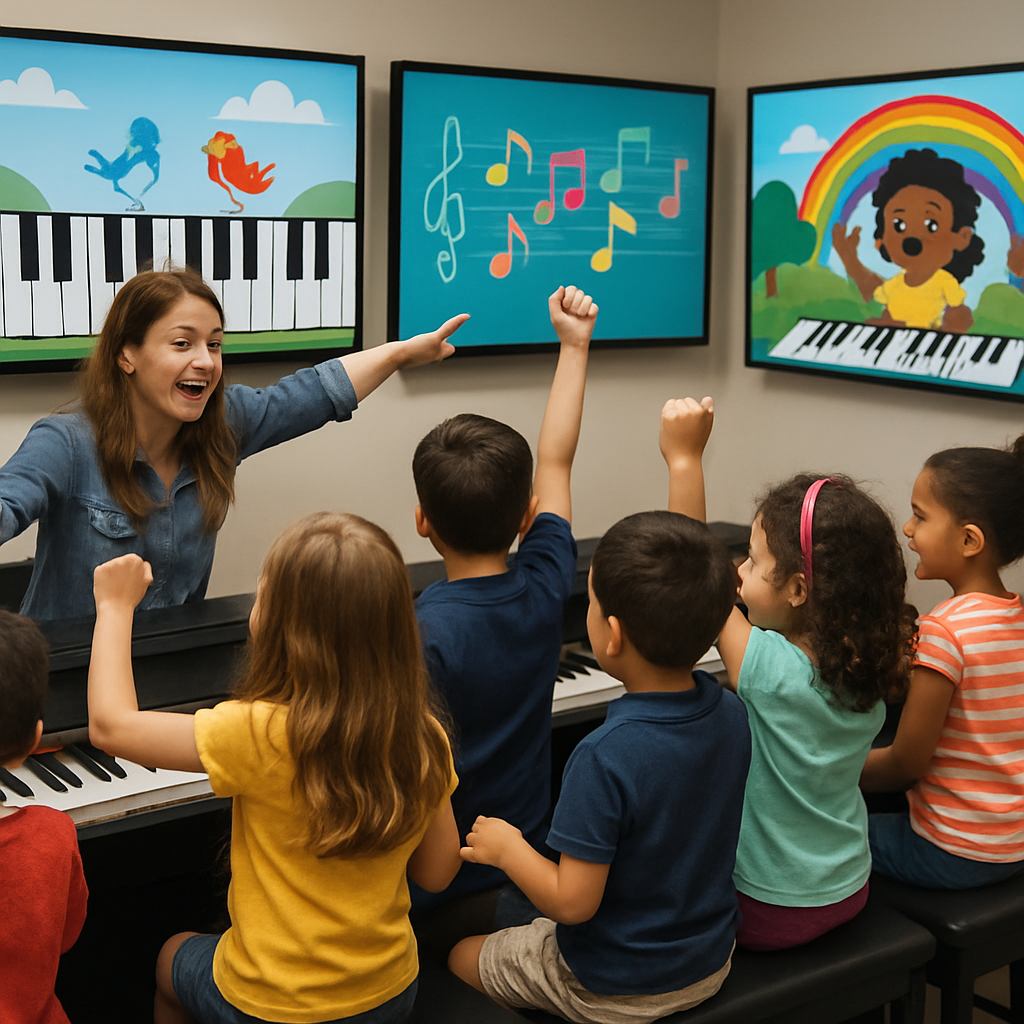A lively scene of children participating in an interactive piano lesson with colorful visuals on screens