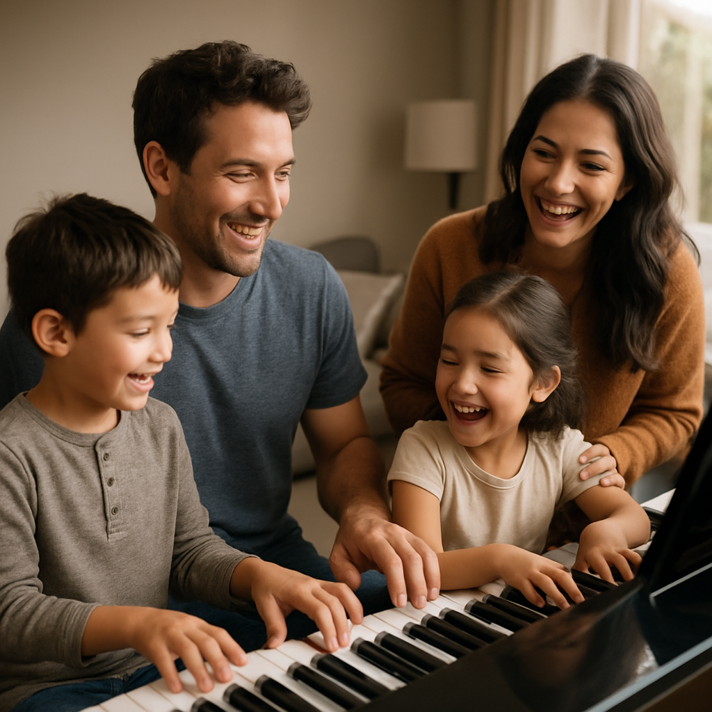 A heartwarming scene of a family enjoying music together at home with a piano in focus