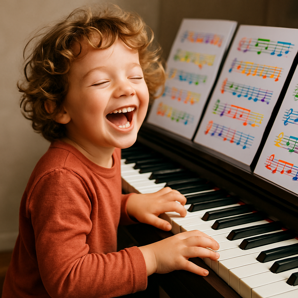 A joyful child playing the piano with colorful sheet music around them
