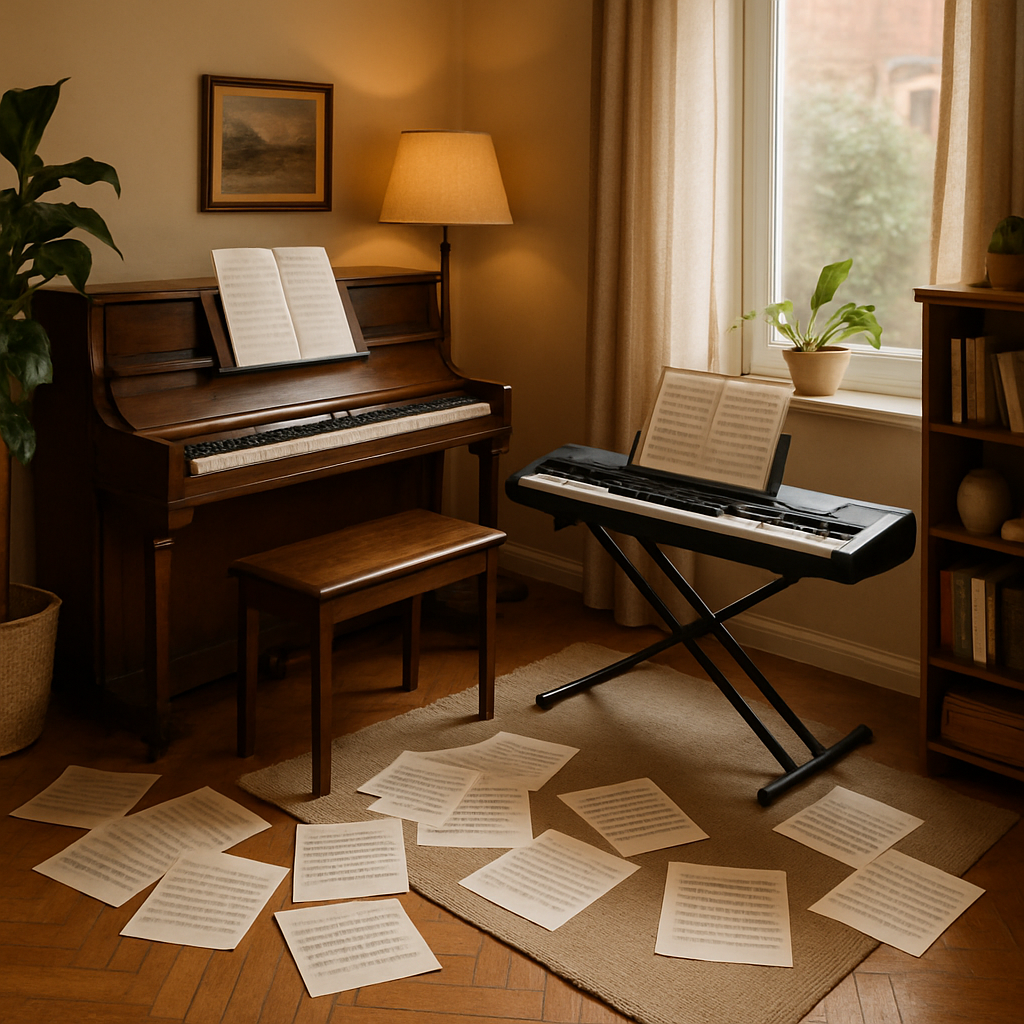 A cozy home setting featuring an acoustic piano next to a digital keyboard with sheet music scattered around