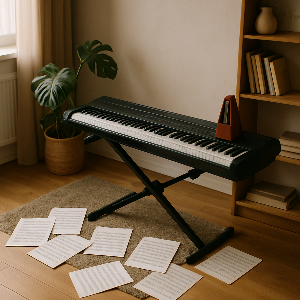 A cozy home practice space with a digital piano, sheet music scattered around, and a metronome on the side