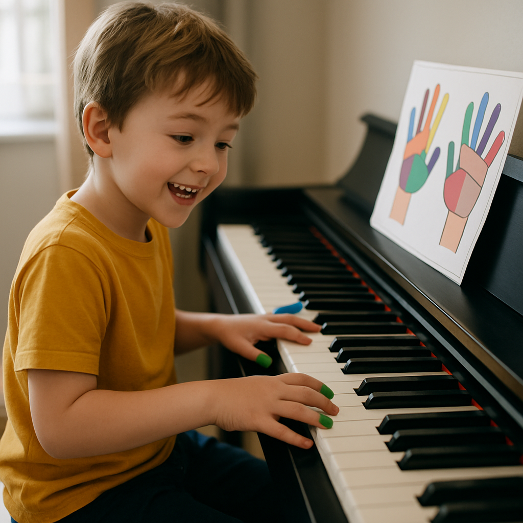 A child practicing piano with colorful finger charts next to them