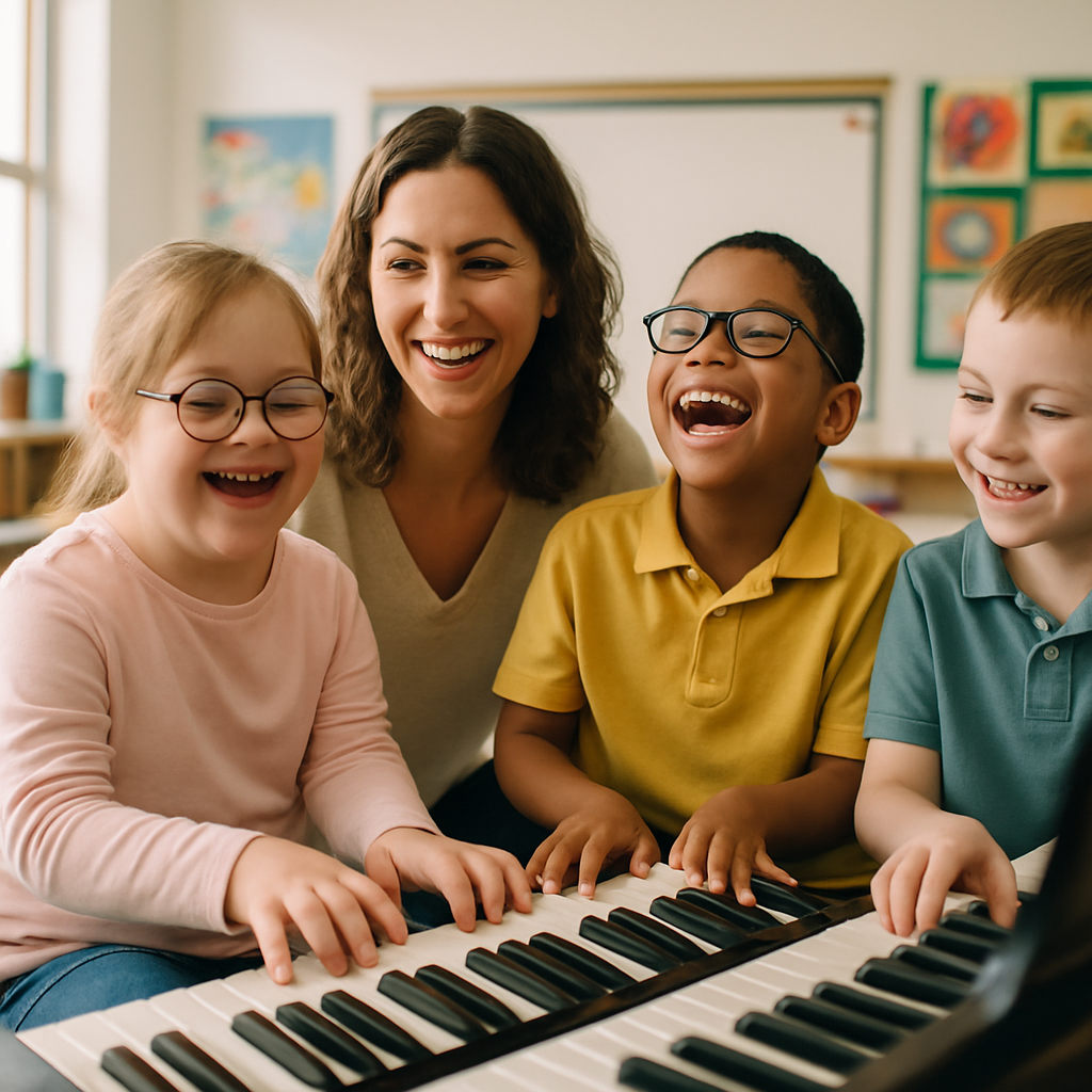 A joyful classroom scene where children with special needs are engaged in piano lessons with a therapist, showcasing expressions of happiness and creativity