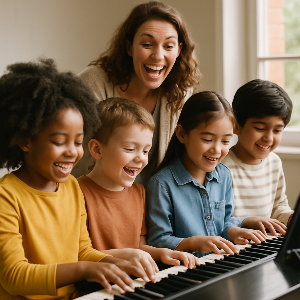 A joyful group piano lesson featuring diverse children collaborating on a musical piece together under the guidance of an enthusiastic teacher