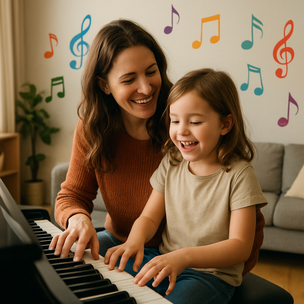 A cozy home setting where a parent is teaching their child piano, surrounded by colorful musical notes on the walls, showcasing joy and engagement