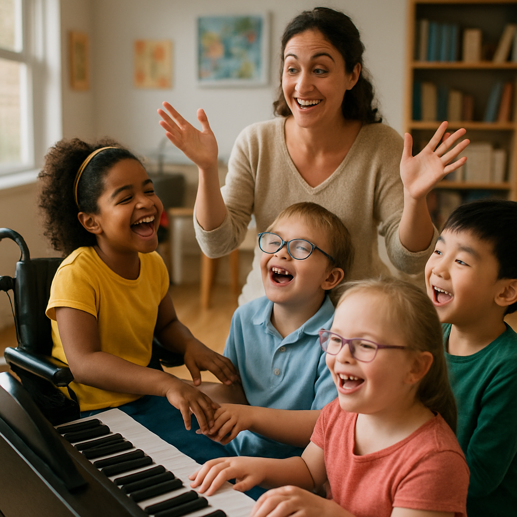 A vibrant scene featuring children with diverse abilities joyfully participating in a group piano lesson led by an enthusiastic teacher, showcasing creativity and connection