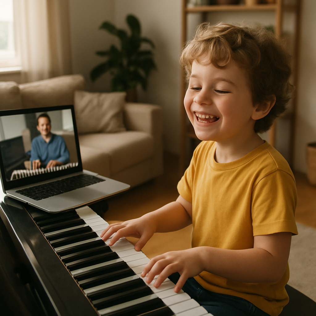 A cheerful child playing the piano at home with a laptop open showing an online lesson