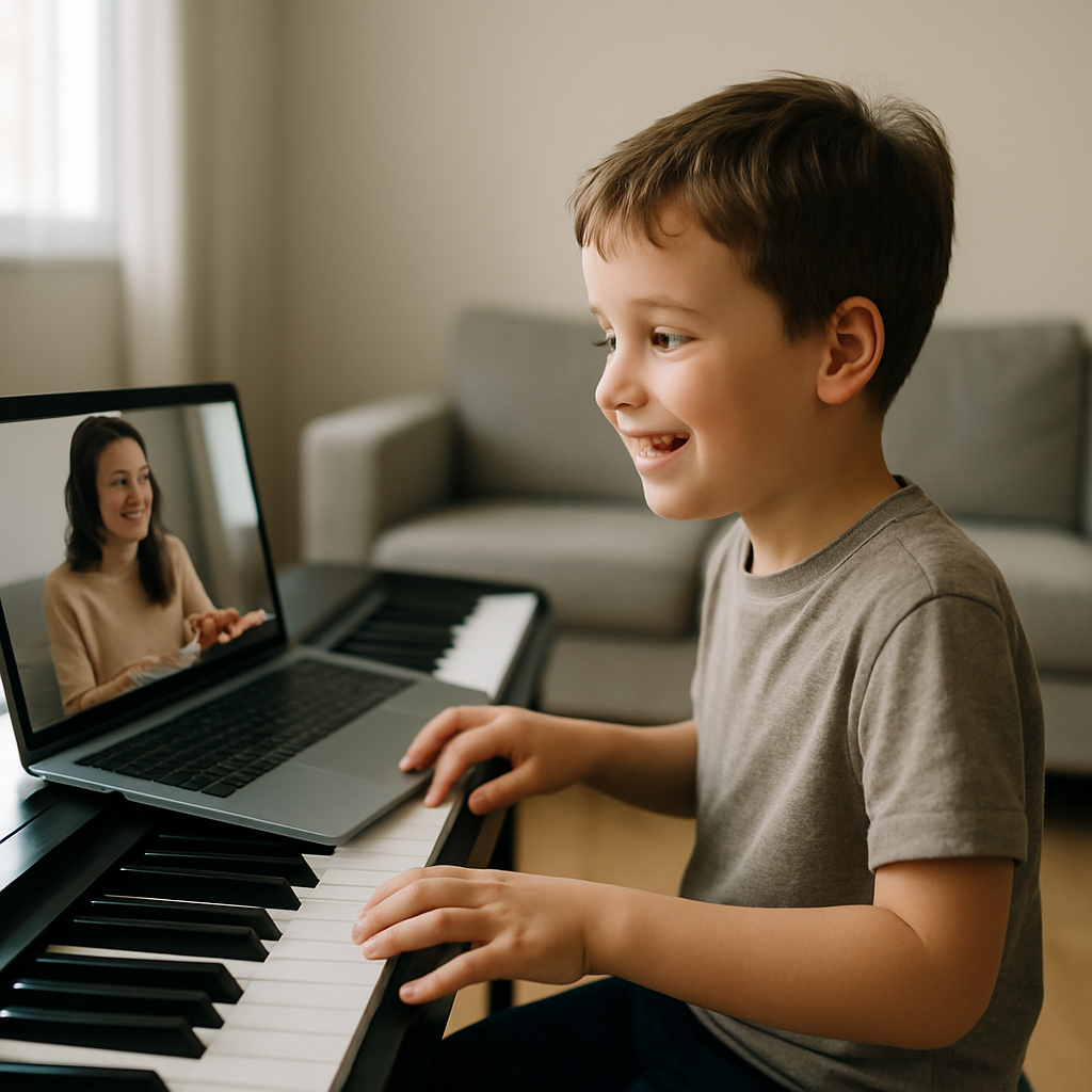 A child happily engaged in an online piano lesson at home with minimal distractions around