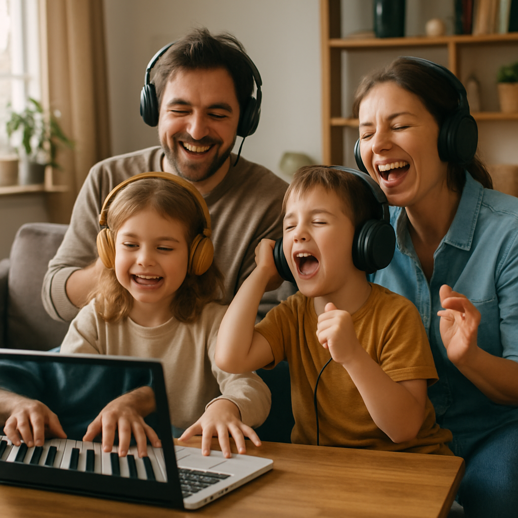 A busy family enjoying music together at home with a laptop open showing an online piano lesson