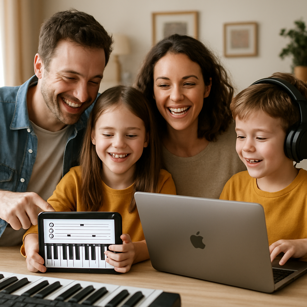 A happy family exploring various digital music education tools at home together
