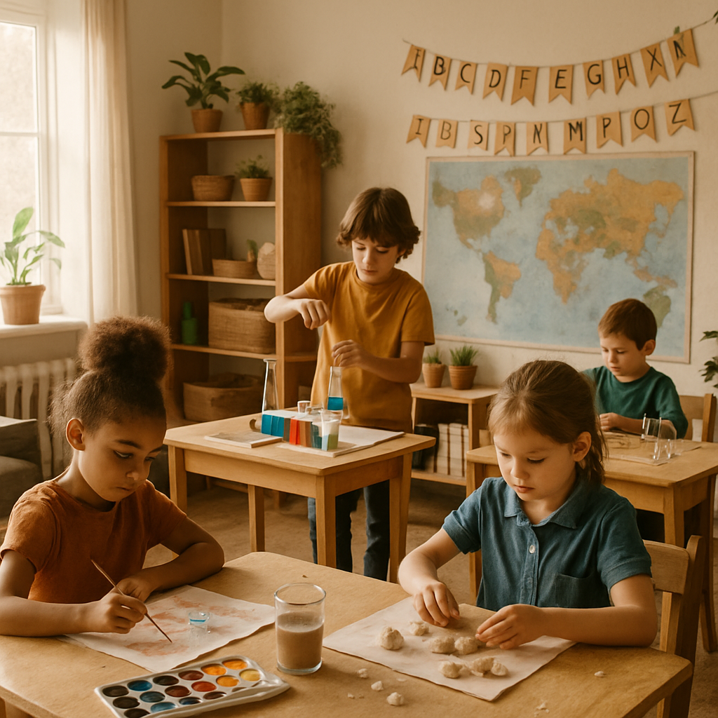 A cozy home classroom setting with children engaged in various unconventional learning activities like art projects and science experiments