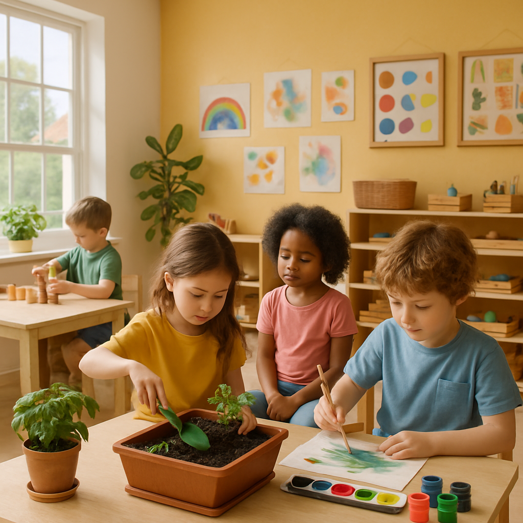 A vibrant home classroom featuring children engaged in hands-on activities like gardening and art projects inspired by Montessori methods