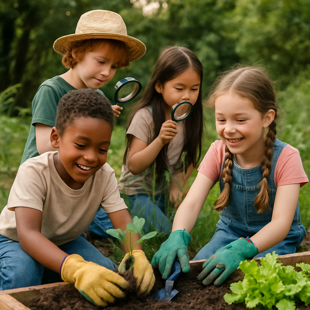 Children engaged in outdoor learning activities like gardening and exploring nature with magnifying glasses