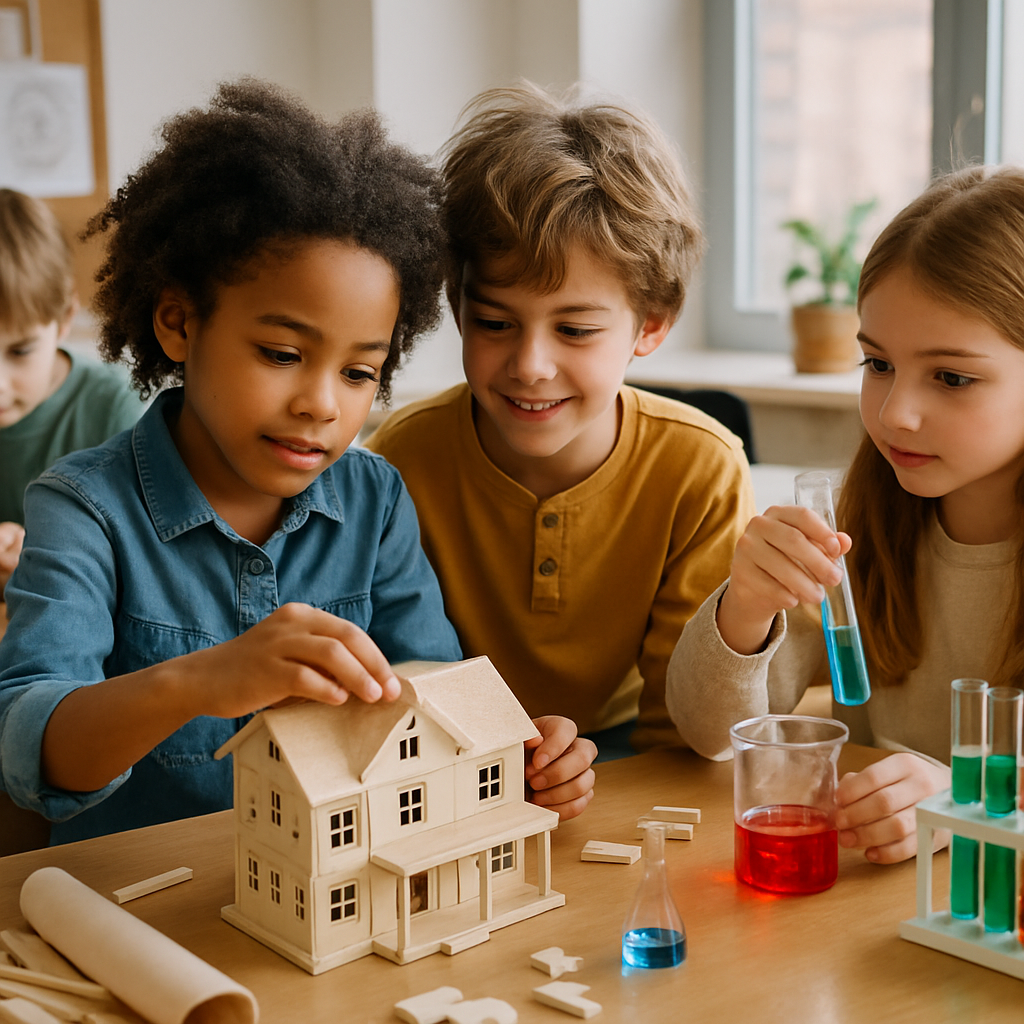 Children engaged in project-based learning activities like building models and conducting science experiments
