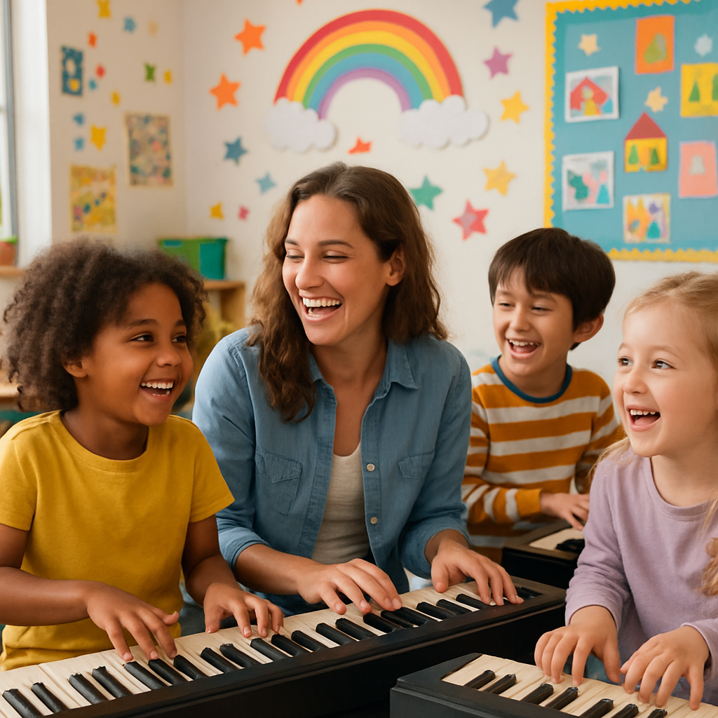 A joyful classroom scene with children engaged in interactive piano lessons, colorful decorations around them