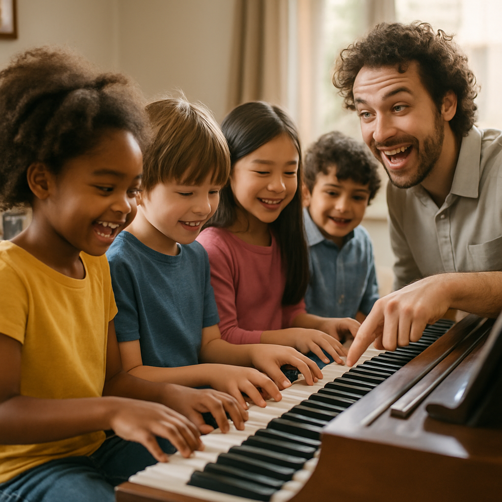 A diverse group of children happily participating in a lively group piano lesson led by an enthusiastic teacher