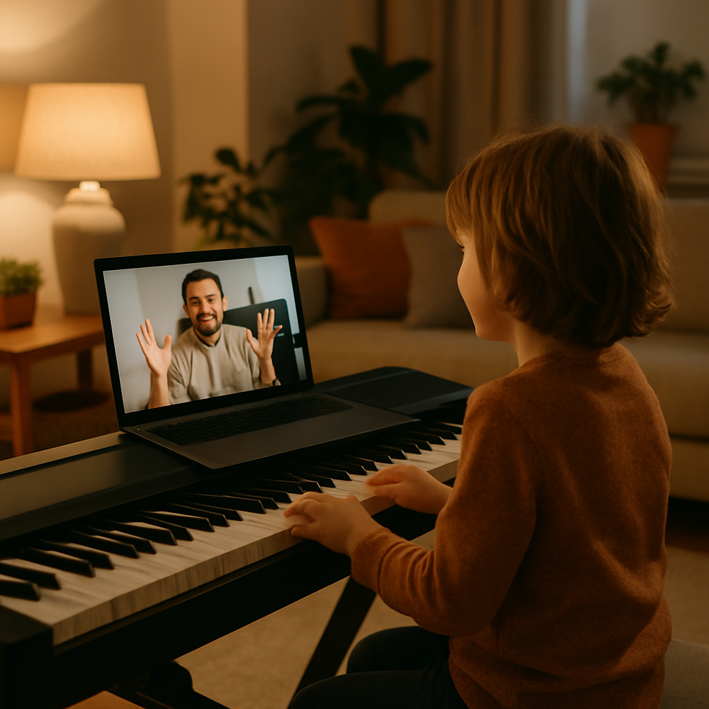 A cozy home setting where a child is happily engaged in an online piano lesson with an enthusiastic instructor visible on screen