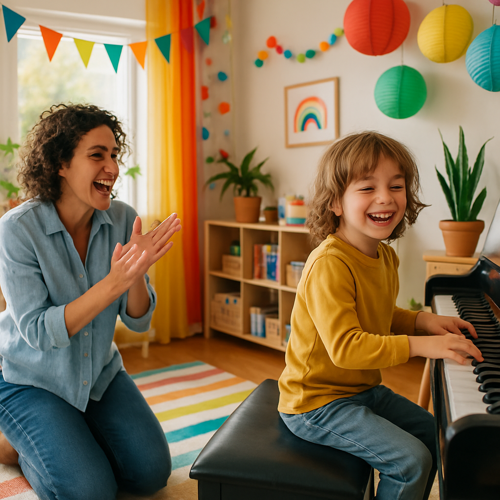 A bright home practice space with colorful decorations where a child is joyfully playing the piano while being cheered on by an enthusiastic parent