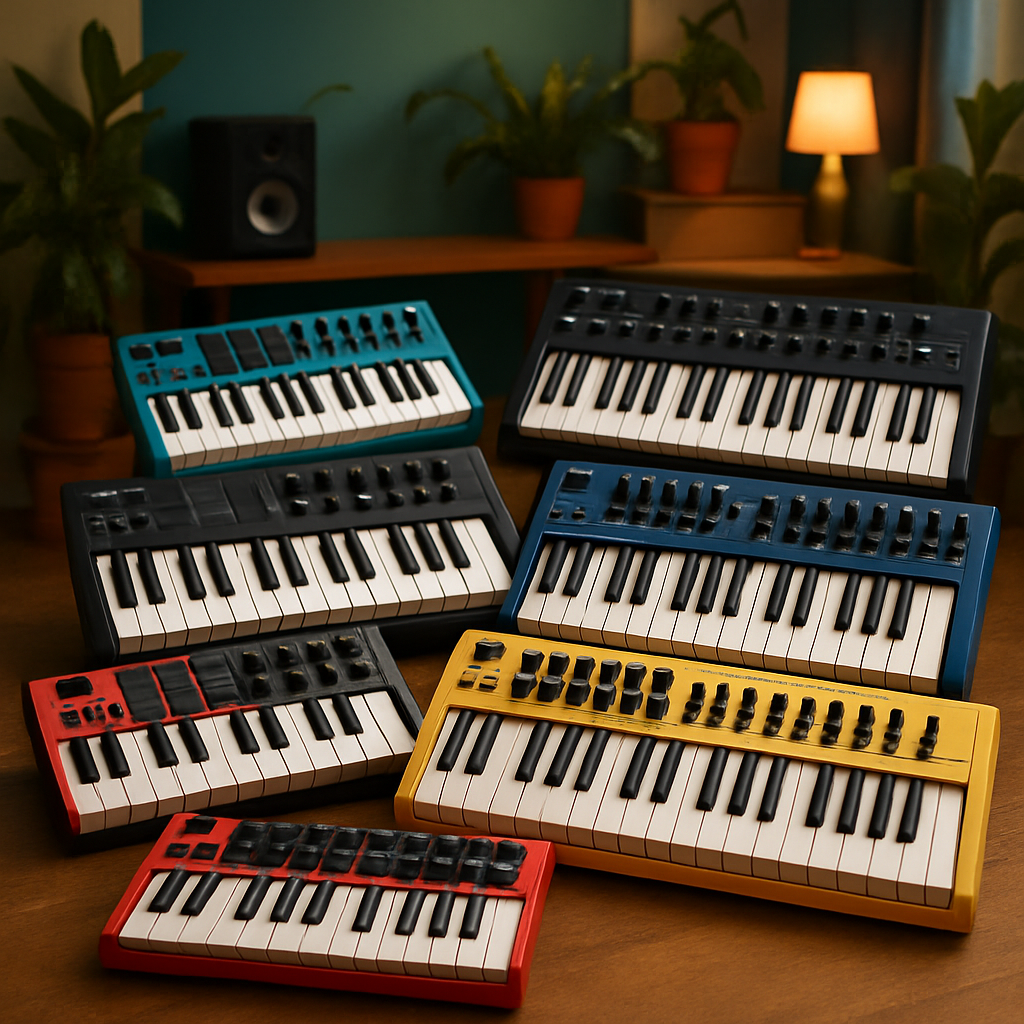 A colorful array of various MIDI keyboards including portable models and full-size options in a vibrant home studio setting