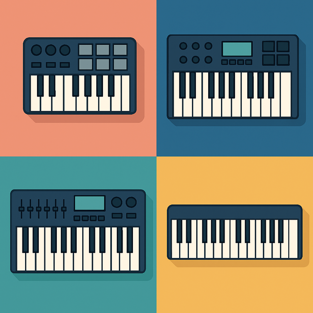 A visually engaging infographic showcasing different types of MIDI keyboards with labels