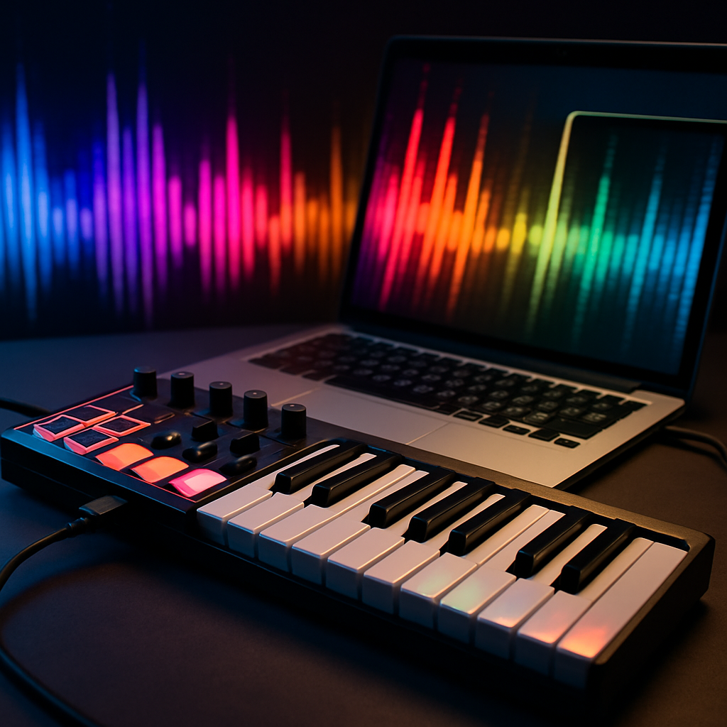 A vibrant setup of a USB MIDI keyboard connected to a laptop with colorful sound waves in the background