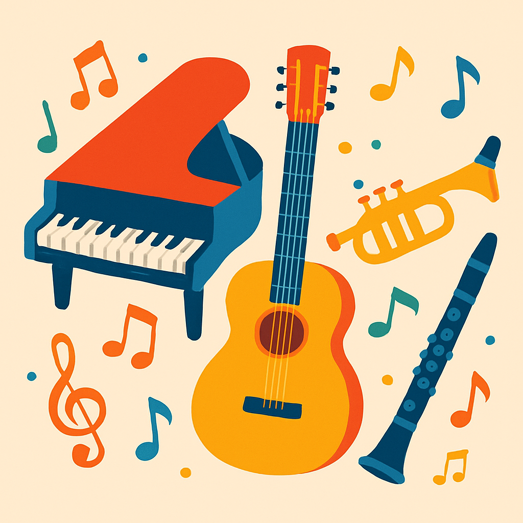 A colorful illustration showing a variety of musical instruments like piano, guitar, trumpet, and clarinet with musical notes floating around