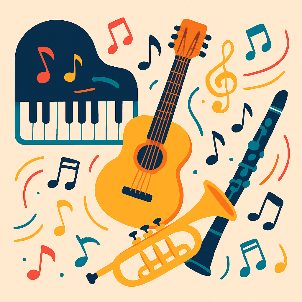 A colorful illustration showing various instruments like piano, guitar, trumpet, clarinet with musical notes flowing around them