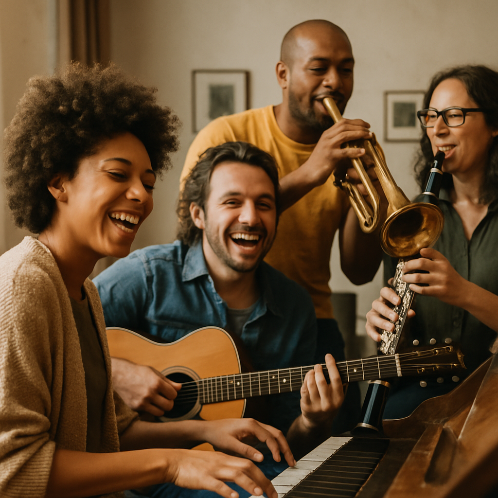 A diverse group of musicians playing different instruments including piano, guitar, trumpet, and clarinet in a lively jam session