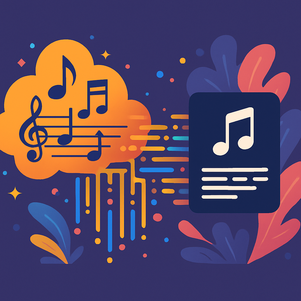 A vibrant digital illustration showing musical notes transforming into data streams representing MIDI files, with colorful graphics symbolizing creativity and technology