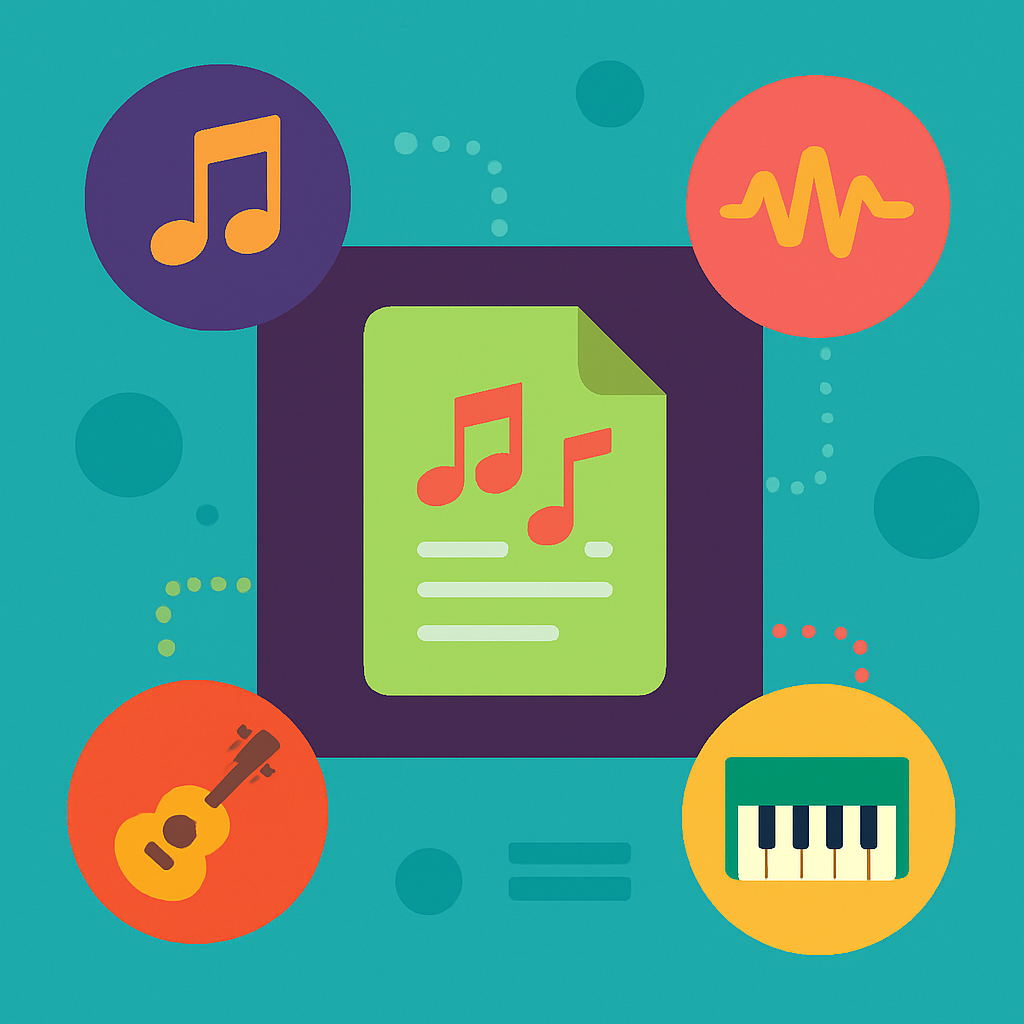 An infographic illustrating the features and types of MIDI files with vibrant colors and icons representing musical notes and instruments