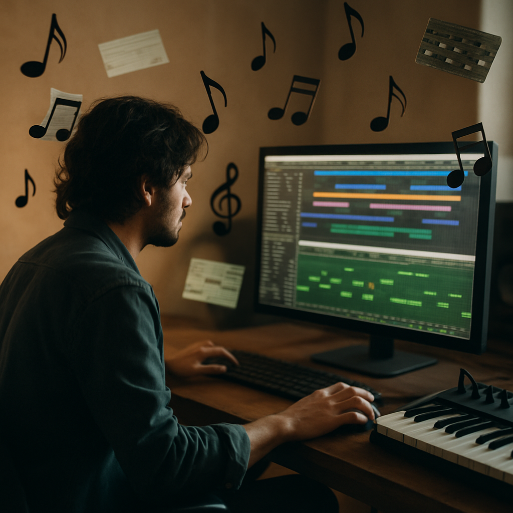A musician sitting at a computer with music production software open, surrounded by musical notes and MIDI files floating around