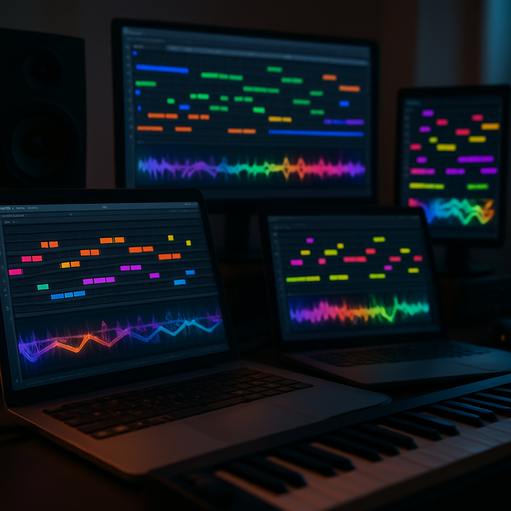 A vibrant digital workspace showcasing various musical software displaying MIDI tracks on screens, with colorful waveforms and notes