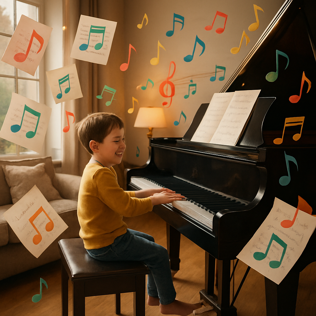 A cozy living room scene with a child happily playing simple melodies on a grand piano, surrounded by colorful sheet music and musical notes floating around
