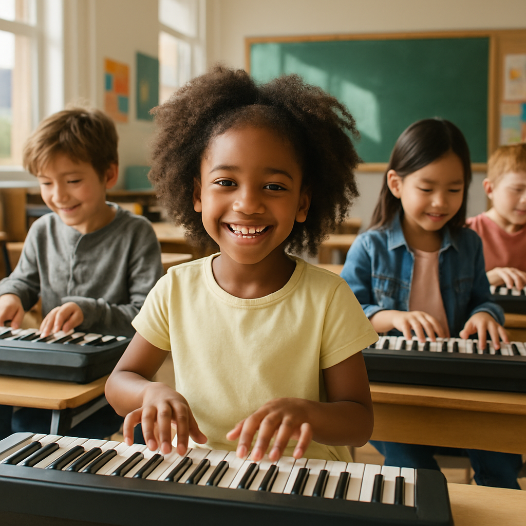 A bright classroom setting where children are engaged in learning basic melodies on keyboards, showcasing diverse kids smiling while playing simple folk songs for piano