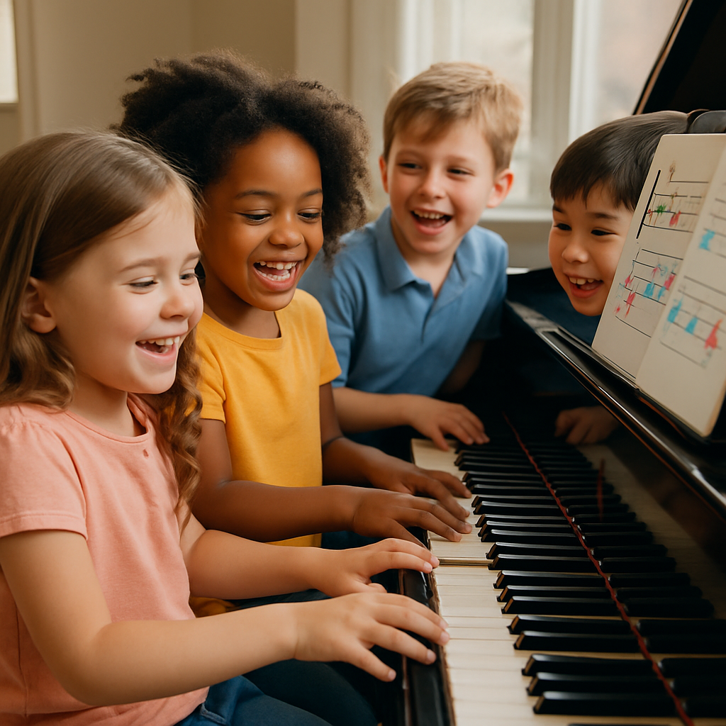 A joyful scene depicting children gathered around a grand piano, eagerly learning simple melodies from colorful sheet music with smiles on their faces