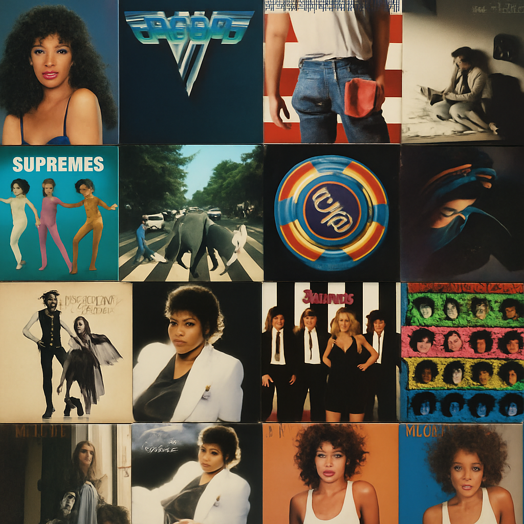 A vibrant collage of iconic oldies music album covers from the 60s, 70s, and 80s