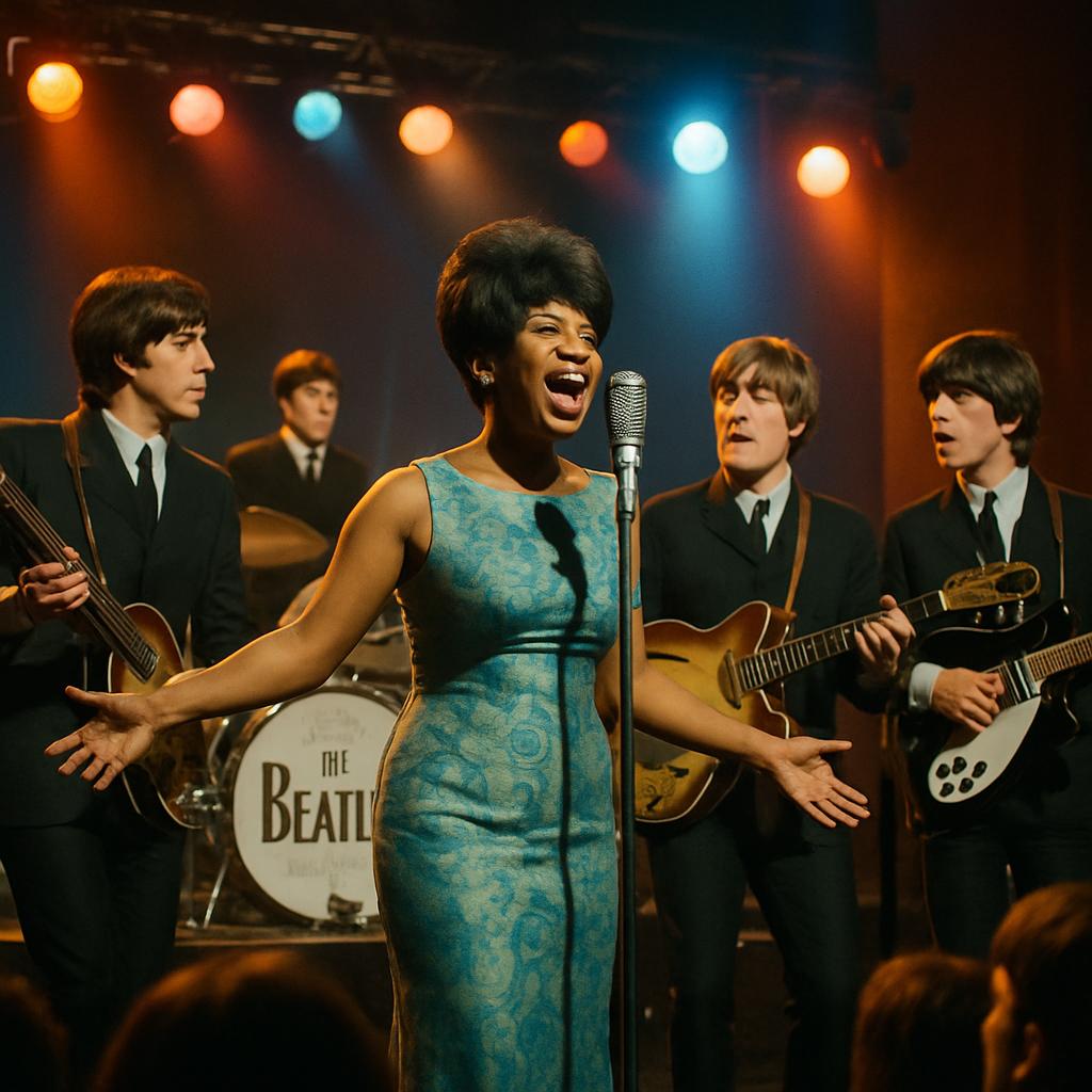 A vibrant 1960s music scene featuring iconic artists like The Beatles and Aretha Franklin performing on stage
