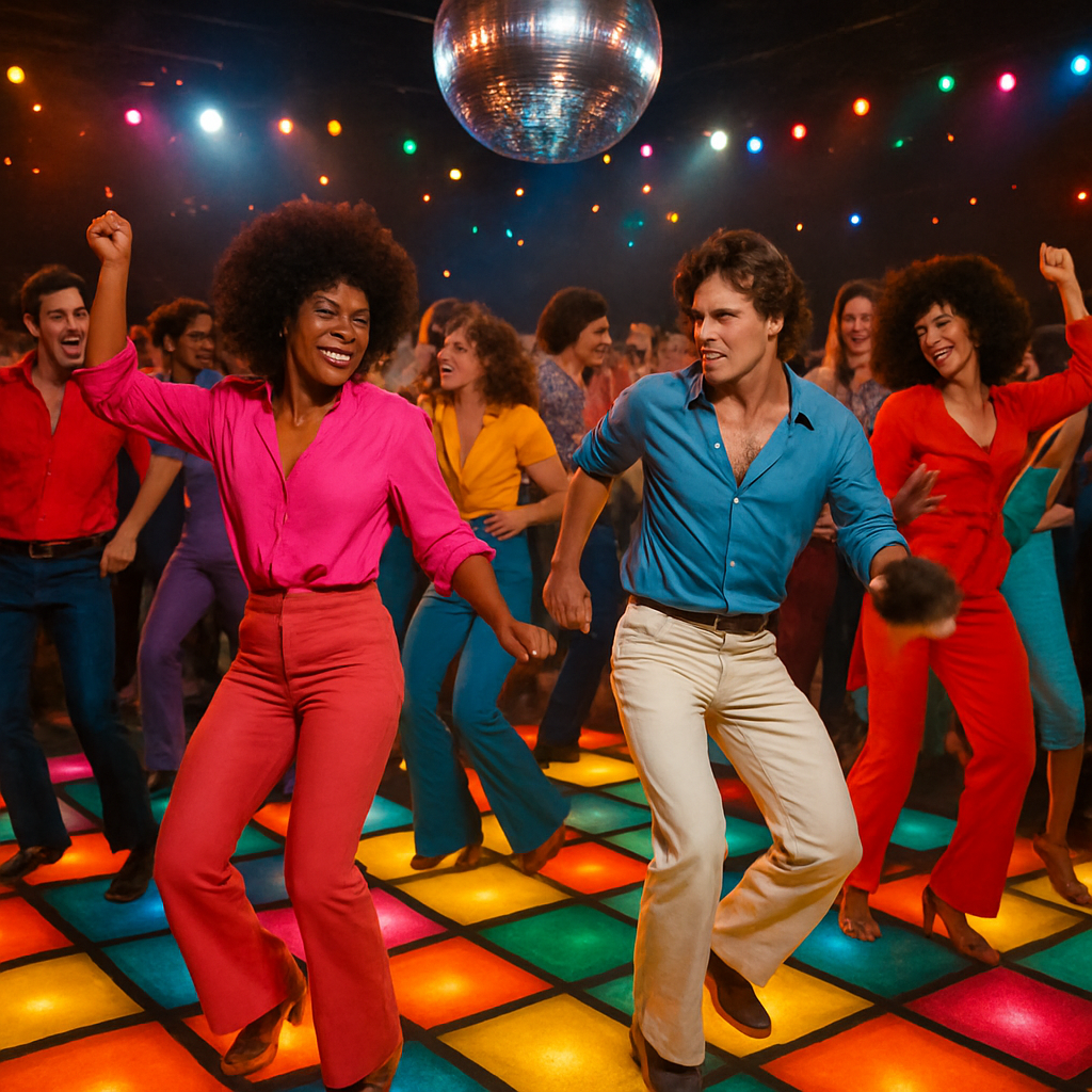 A vibrant disco dance floor from the 1980s filled with people in colorful outfits dancing under a sparkling disco ball