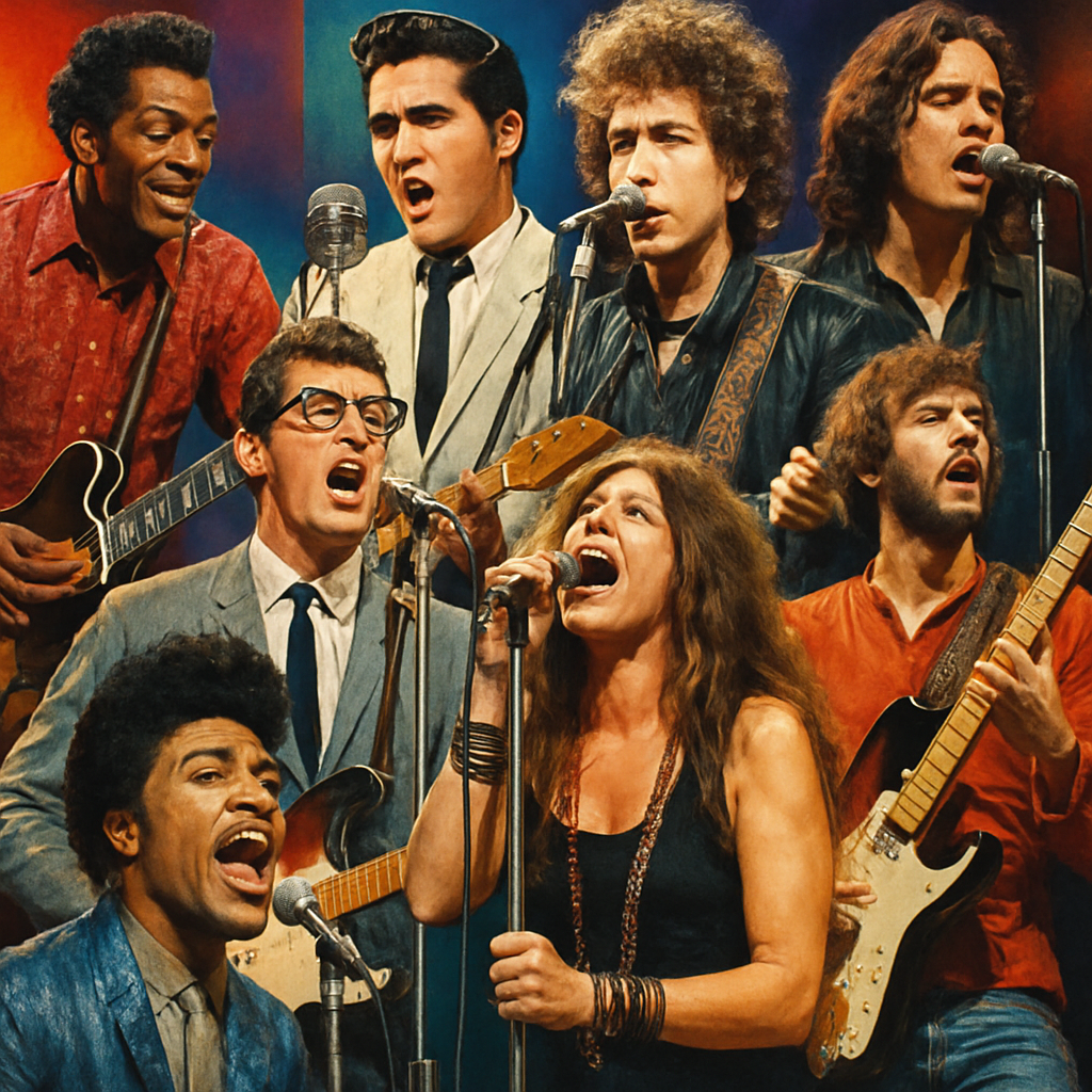 A vibrant collage featuring iconic rock and roll artists from the 50s-70s performing live on stage