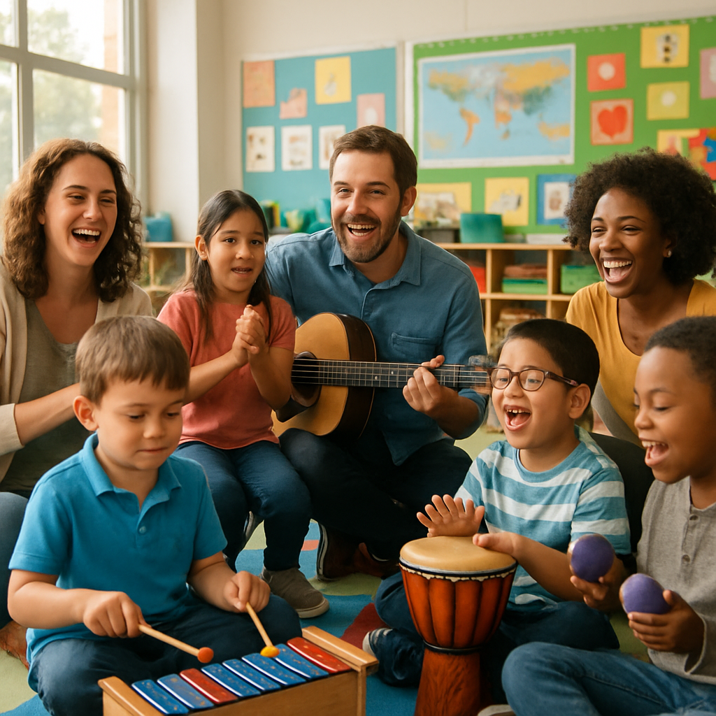 A cheerful classroom setting where children with autism engage in interactive music sessions with therapists using various instruments.