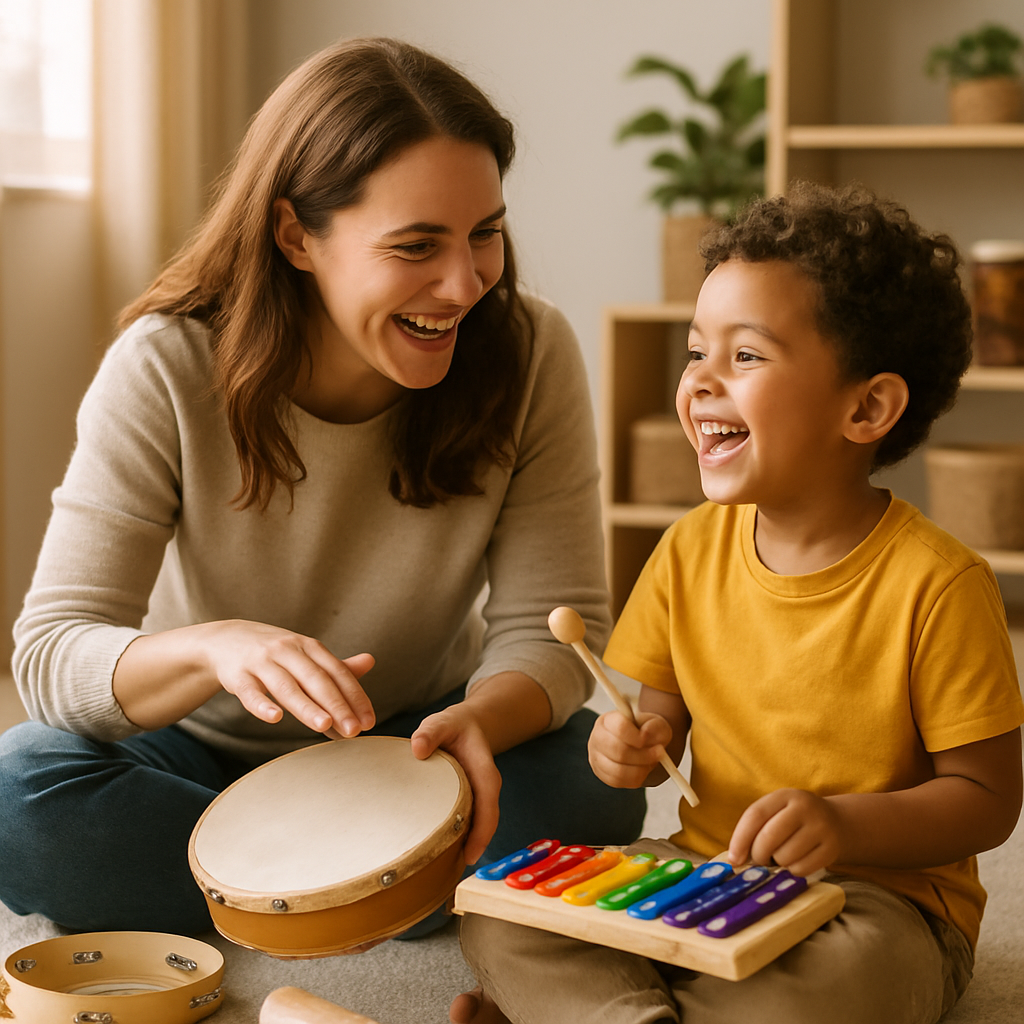 A warm scene showing a parent engaging with their child during a joyful music therapy session with instruments.