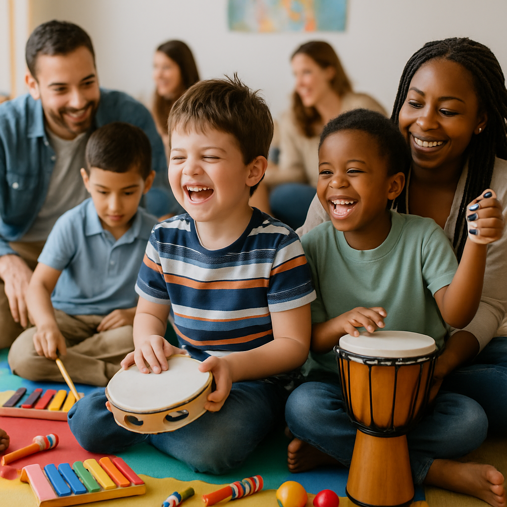 A heartwarming scene showing children with autism engaging joyfully in music therapy sessions with their families, surrounded by colorful instruments.