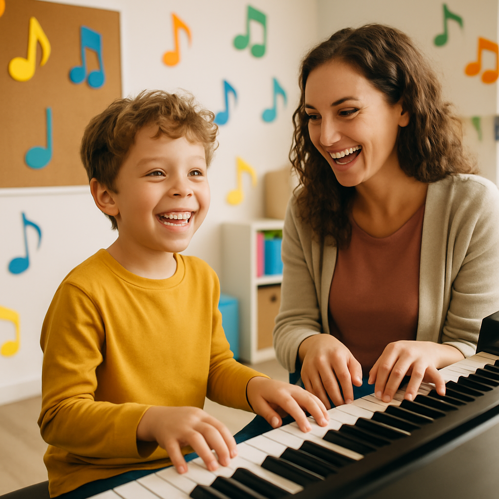 A cheerful child learning piano with an enthusiastic instructor in a bright, inviting classroom filled with musical notes and colorful decorations