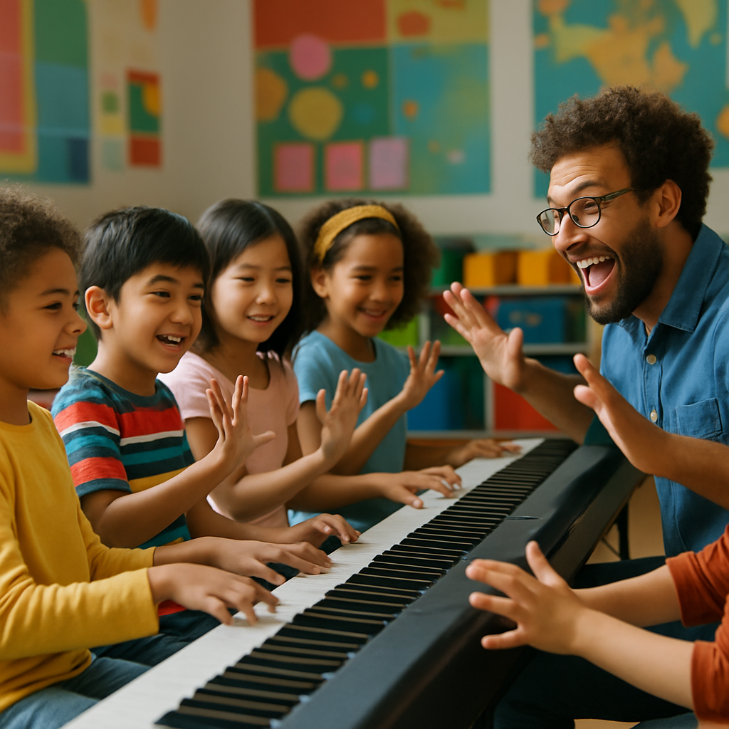 A diverse group of children participating in a fun interactive group piano lesson led by an enthusiastic teacher in a colorful classroom